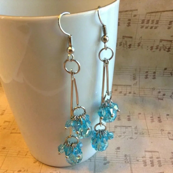 Swingy Light Blue Faceted Czech Crystal 80mm Long Twin Dangle Earrings - Picture 1 of 5